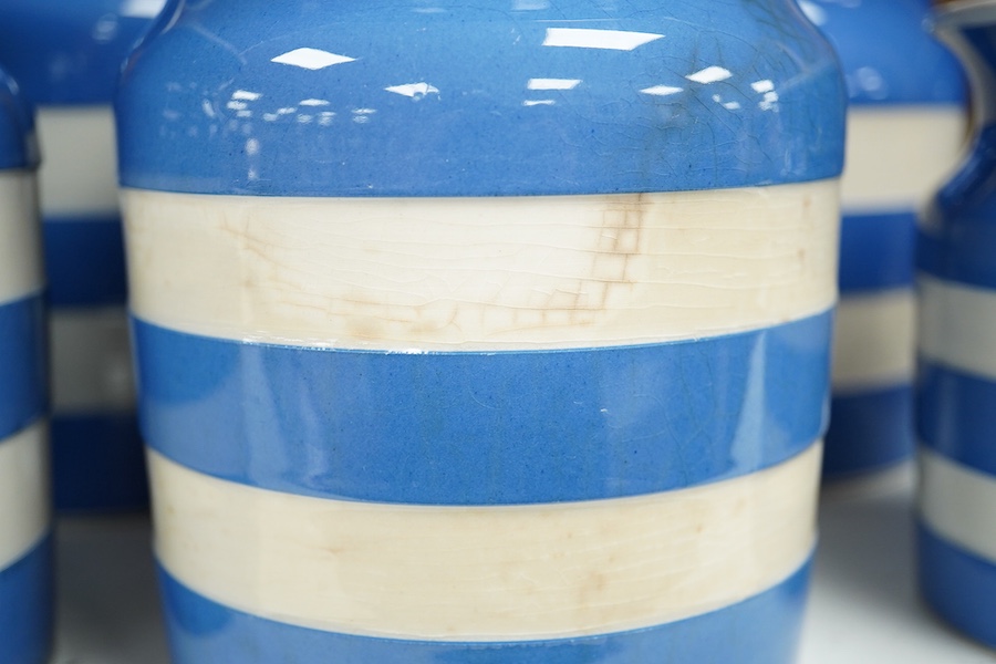 A quantity of T. G. Green ‘Cornishware’, kitchen storage jars and covers, tallest bread bin and cover 29cm high. Condition - some staining and crazing, mostly good